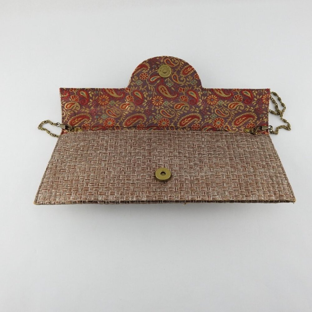 Vintage Mochi Bronze Wozen Embellished Straw Clutch Purse Bag Medallion Boho - Picture 8 of 10